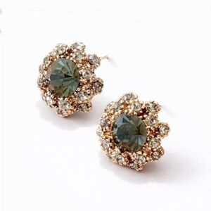 Gray green crystal stud earrings surrounded by rhinestone halo; .63" round; nwot